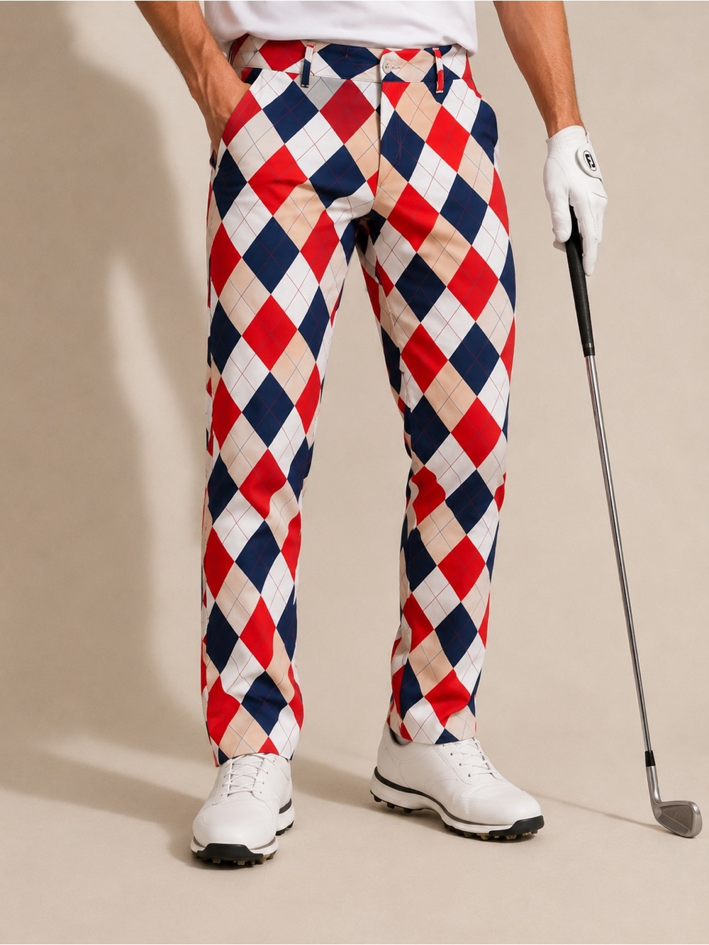 Loudmouth Golf Pants Mens 34 X 32 Dixie Argyle Pattern Red White Blue Tan